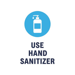 Use Hand Sanitizer public health sign with dispenser icon. Flat vector illustration for hygiene, safety, and disease prevention.