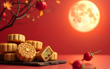 Chinese traditional holiday Mid autumn festival holiday background with mooncakes. High quality