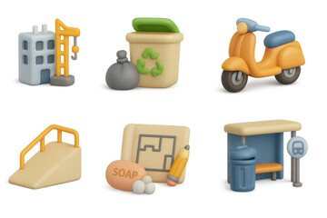 3d eco-friendly urban icons: construction, recycling, transport, and cleanliness
