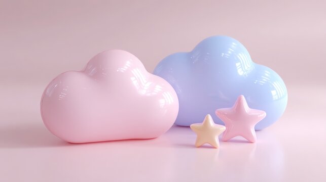 Decorative pastel clouds and stars create a whimsical display in a soft pink setting