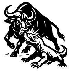 Fototapeta premium Komodo Dragon Biting Buffalo Vector Illustration