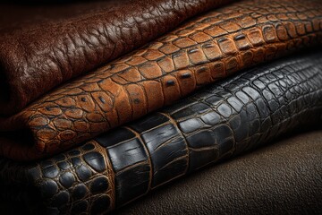 Textured leather materials in different colors stacked on black backdrop