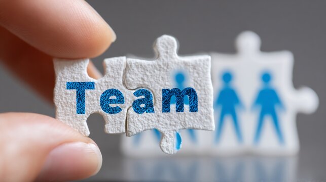 Hand holding team puzzle piece at a workspace