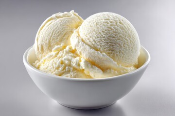 Two scoops of creamy vanilla ice cream rest in a simple white bowl against a neutral gray background, subtly lit for a clean and appetizing presentation