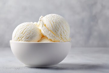 Two scoops of creamy vanilla ice cream rest in a simple white bowl against a muted gray backdrop