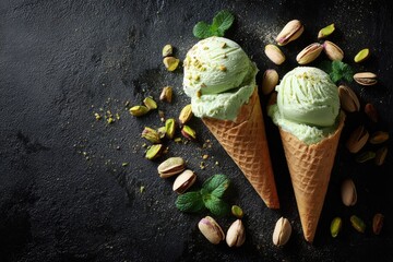 Two scoops of light green pistachio ice cream in waffle cones, garnished with pistachios and mint on a dark background