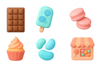 Colorful 3d dessert icons featuring chocolate, ice cream, and cupcake