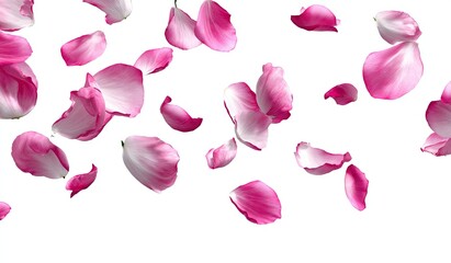 Pink flower petals falling against a stark white background, showcasing various sizes and angles, creating a sense of delicate, airy movement