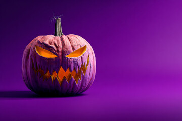 Spooky Halloween pumpkin with menacing expression glowing against vibrant purple backdrop