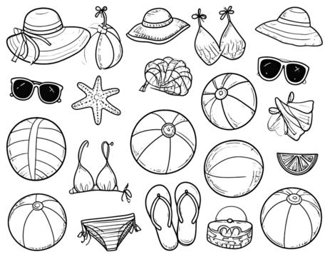 Doodle-style black illustrations of beach vacation essentials hand-sketched summer isolated on a transparent background.