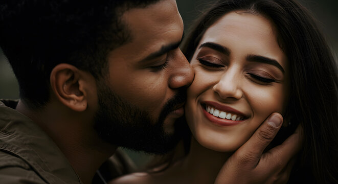 Romantic couple love kissing relationship happy young couple intimate moment romance affection valentines day - Powered by Adobe