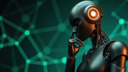 Naklejka premium Futuristic robot with sleek design and glowing elements, deep in thought against digital background