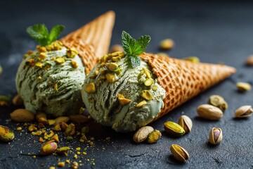 Two scoops of pale green pistachio ice cream, studded with chopped pistachios, nestled in waffle cones, adorned with mint sprigs, rest on a dark surface scattered with pistachio nuts