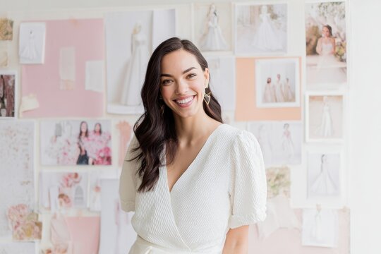 Smiling woman in white dress posing in front of a design board with fashion sketches and photographs.