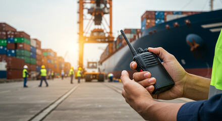 Port worker using a handheld radio amidst busy container shipping operations.