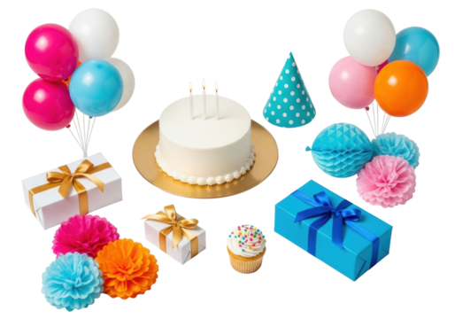 transparent birthday cake with lit candles, balloons, party hat, gift boxes, cupcake, and pom-poms on a transparent studio background, bright, even light, festive birthday celebration atmosphere
