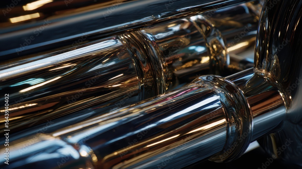 Poster close-up of chrome pipe reflecting light with intricate patterns
