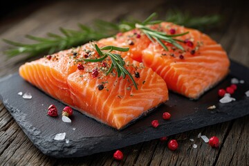 Two seasoned salmon fillets, skin-side down, rest on a dark slate serving board, adorned with fresh rosemary sprigs, pink peppercorns, and sea salt, set against a rustic wooden backdrop