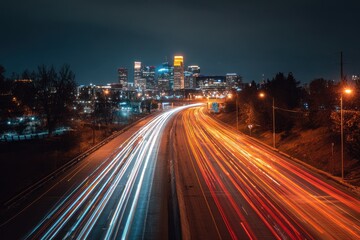 Nighttime view of city skyline with light trails from busy highway in urban area