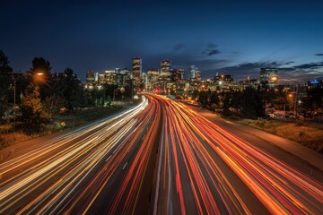Fototapeta premium Traffic flows along a busy highway with glowing city lights in the background near downtown Denver at twilight