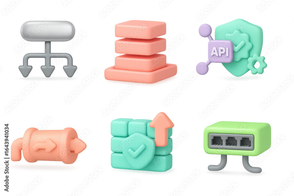 Poster 3d icons for technology and networking: api, firewall, data, and connectivity