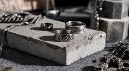 Two silver rings, intricate designs, rest on a light grey concrete block alongside silver chains and other jewelry pieces, all set against a dark grey background
