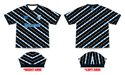 Lightning bolt jersey design for soccer team or football kit. T-shirt mockup template front and back view vector pattern