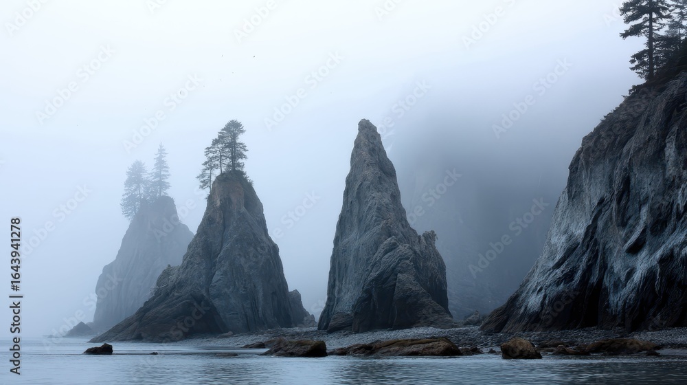 Poster misty cliffs and sea stacks under layer of dense fog at twilight