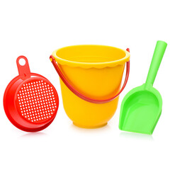 Childrens bright plastic sandbox toy set: yellow bucket, red sieve, and green shovel