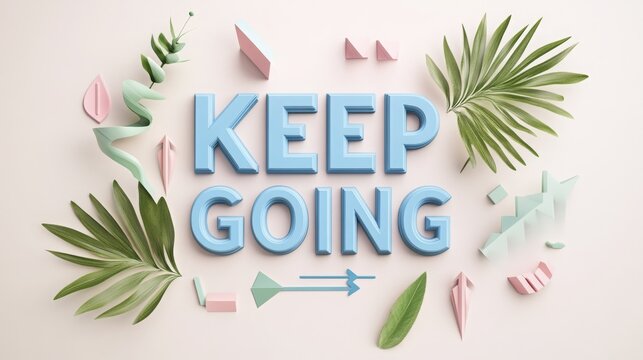 Motivational text display featuring the phrase Keep Going surrounded by tropical leaves and geometric shapes