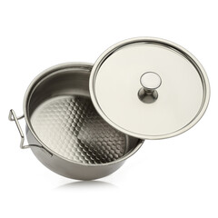 Metal new pan, insulated on a white background. Children's toy dishes. An empty saucepan with a stainless steel lid. Chrome-plated cookware. Eco-friendly kitchen utensils