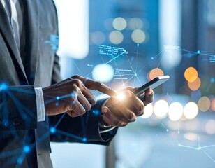 Close-up of a person using a smartphone with digital network overlay.