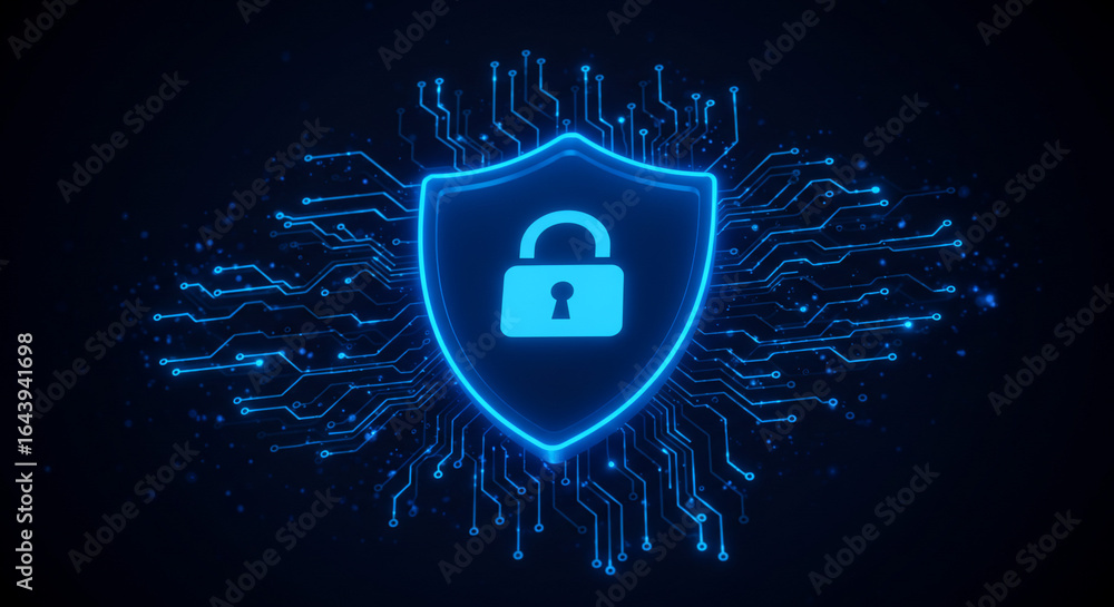 Poster glowing blue shield with a padlock symbol, surrounded by circuit board patterns against a dark backg