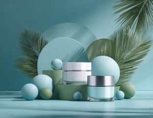 Two skincare jars sit on teal platforms amidst pastel spheres, palm fronds, and translucent teal circles against a teal backdrop