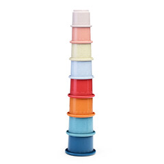 A plastic pyramid of colored cups on a white background. A toy for children's construction and development.