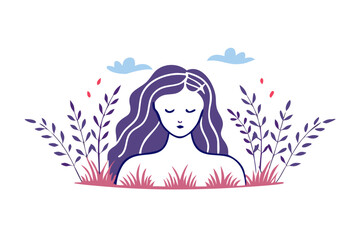 Woman with purple hair in floral field illustration