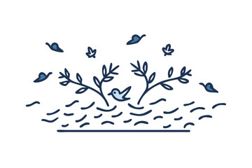 Obraz premium Blue floral branch over water illustration