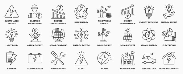 Electricity, electrical energy line icon collection set. Contains icons Electric power line, energy, light bulb and electrical equipment. Vector Illustration.