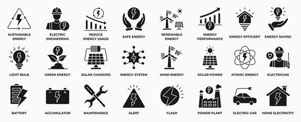 Electricity, electrical energy solid icon collection set. Contains icons Electric power line, energy, light bulb and electrical equipment. Vector Illustration.