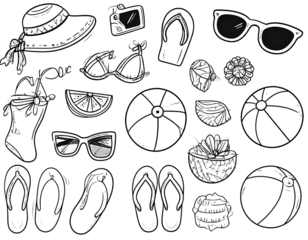 Doodle-style black illustrations of beach vacation essentials hand-sketched summer isolated on a transparent background.