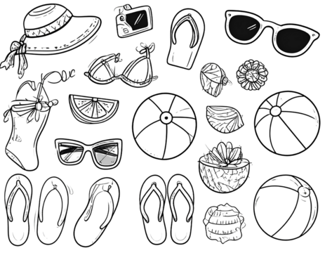 Doodle-style black illustrations of beach vacation essentials hand-sketched summer isolated on a transparent background.