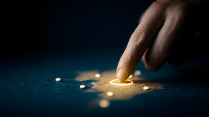 Finger touches glowing point on blue map, highlighting location, navigation, exploration, and modern travel planning concept