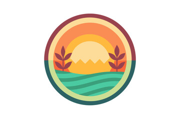 Retro style sunset with hills and fields