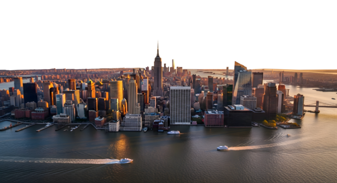 Drone view of NY city skyline, transparent background