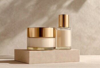 Two skincare products, cream jar and serum bottle with gold lids, sit on a light beige platform against a textured beige background with soft shadows