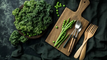 Fresh vegetables on a wooden cutting board with kitchen utensils and greens on a dark surface