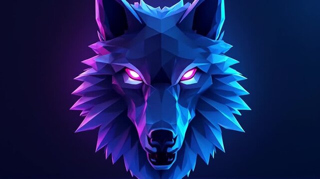 Geometric wolf head with glowing eyes against a dark gradient background