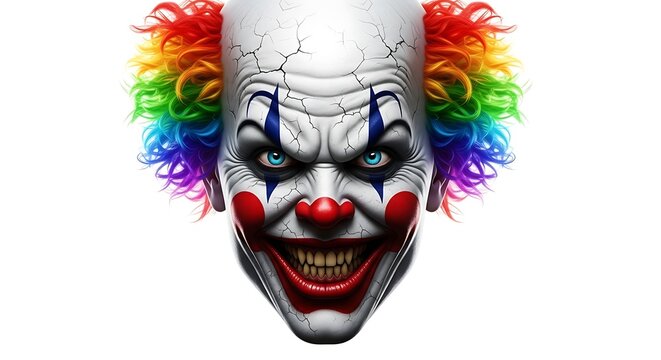 Scary evil clown with colorful wig and menacing grin isolated on white background