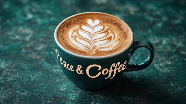 Beautiful coffee latte art displayed in a dark blue mug on a textured green surface