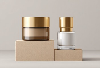Two skincare products, a jar and a bottle with gold lids, sit on minimalist beige boxes against a neutral backdrop